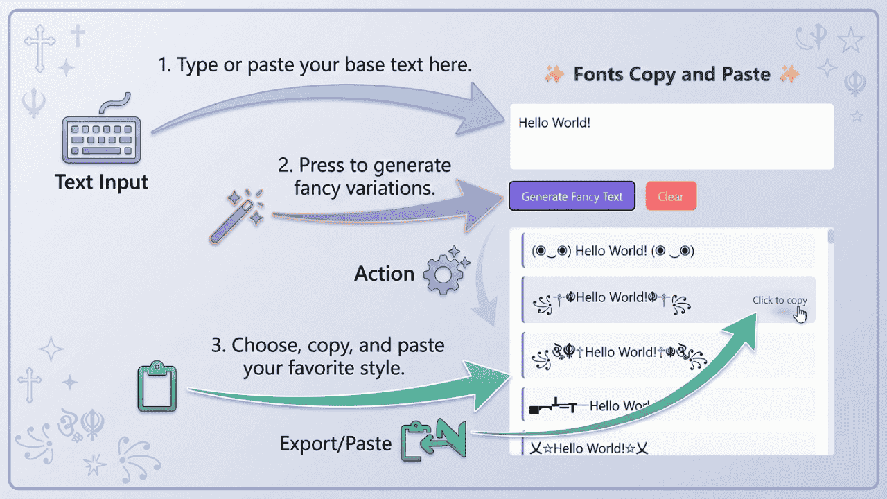 Fonts copy and paste tool workflow showing text input, generate fancy text, and one-click copy